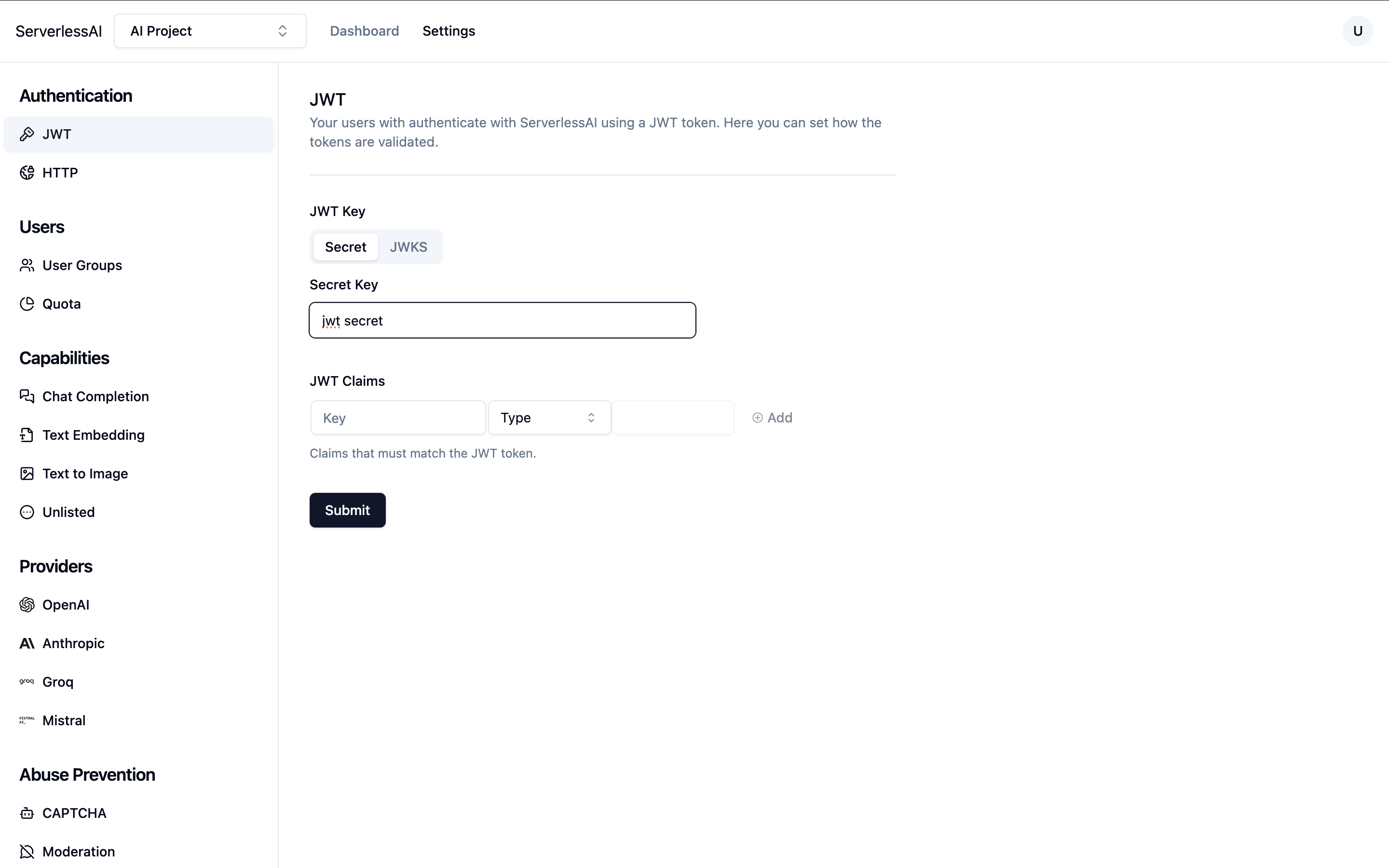 ServerlessAI JWT settings